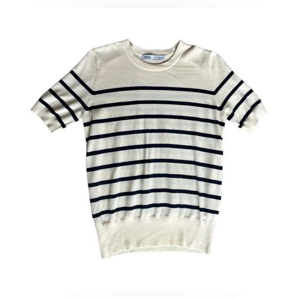 Zara Tops - Zara Cream and dark navy blue/black Striped Short Sleeve Tee